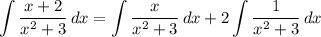 \displaystyle \int {\frac{x+2}{x^2+3} } \, dx =\int {\frac{x}{x^2+3} } \, dx +2\int {\frac{1}{x^2+3} } \, dx