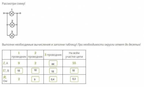 Рассмотри схему! Выполни необходимые вычисления и заполни таблицу! При необходимости округли ответ д