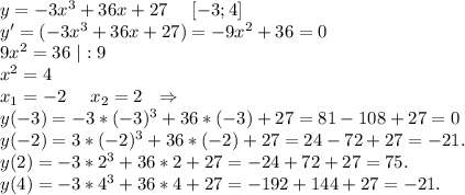 y=-3x^3+36x+27 \ \ \ \ [-3;4]\\y'=(-3x^3+36x+27)=-9x^2+36=0\\9x^2=36\ |:9\\x^2=4\\x_1=-2\ \ \ \ x_2=2 \ \ \Rightarrow\\y(-3)=-3*(-3)^3+36*(-3)+27=81-108+27=0\\y(-2)=3*(-2)^3+36*(-2)+27=24-72+27=-21.\\y(2)=-3*2^3+36*2+27=-24+72+27=75.\\y(4)=-3*4^3+36*4+27=-192+144+27=-21.