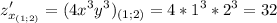 \displaystyle z'_{x_{(1;2)}}=(4x^3y^3)_{(1;2)}=4*1^3*2^3=32