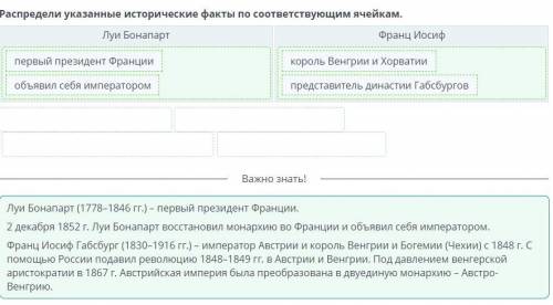 Распредели указанные исторические факты по соответствующим ячейкам. Луи Бонапарт Франц Иосиф​
