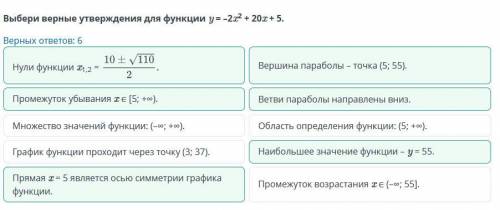 Выбери верные утверждения для функции у=2х²+20х+5 Промежуток убывания x ∈ [5; +∞).Множество значений