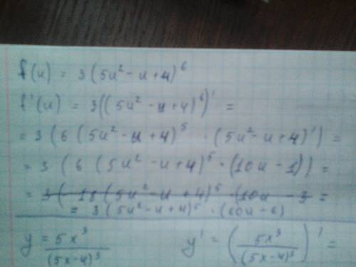 решить производные функции:f(u) =3(5u^2-u+4)^6. Y=5x^3/(5x-4)^3. X^3+y^3-3xy=0. X sin y+y sin x=0