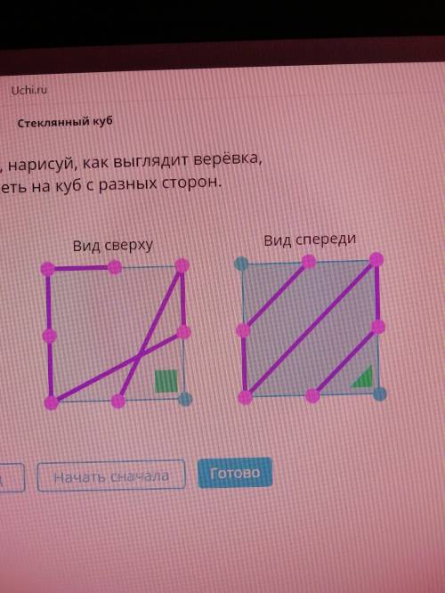 Соединяя точки, нарисуй, как выглядит верёвка,если смотреть на куб с разных сторон.​