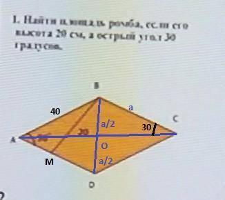 Диагональ ромба равна его стороне. Как найти его площадь, если периметр ромба равен 4а