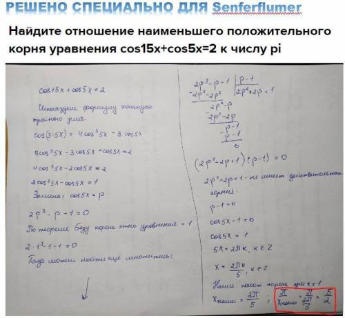 Найдите отношение наименьшего положительного корня уравнения cos15x+cos5x=2 к числу pi