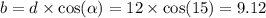 b = d \times \cos( \alpha ) = 12 \times \cos(15) = 9.12