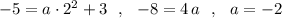 -5=a\cdot 2^2+3\ \ ,\ \ -8=4\, a\ \ ,\ \ a=-2