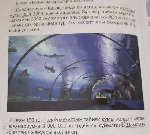 4. Сұрақтарды оқы. Жауабын мәтіннен тап. 1. Океанариум дегеніміз - не?2. Қазақстанда океанариум қаша