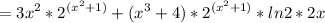 \displaystyle =3x^2*2^{(x^2+1)}+ (x^3+4)*2^{(x^2+1)}*ln2*2x