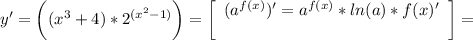 \displaystyle y'=\bigg ((x^3+4)*2^{(x^2-1)}\bigg )=\left[\begin{array}{ccc}(a^{f(x)})' = a^{f(x)}*ln(a)*f(x)'\\\\\end{array}\right] =