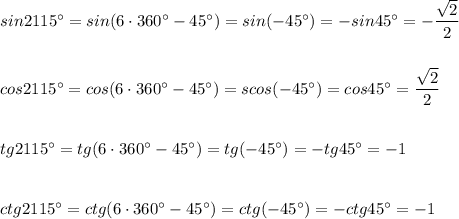 sin2115^\circ =sin(6\cdot 360^\circ -45^\circ )=sin(-45^\circ )=-sin45^\circ =-\dfrac{\sqrt2}{2}\\\\\\cos2115^\circ =cos(6\cdot 360^\circ -45^\circ )=scos(-45^\circ )=cos45^\circ =\dfrac{\sqrt2}{2}\\\\\\tg2115^\circ =tg(6\cdot 360^\circ -45^\circ )=tg(-45^\circ )=-tg45^\circ =-1\\\\\\ctg2115^\circ =ctg(6\cdot 360^\circ -45^\circ )=ctg(-45^\circ )=-ctg45^\circ =-1