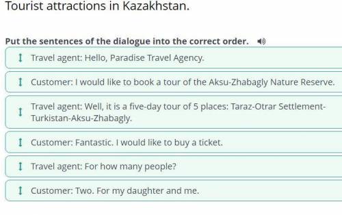 Tourist attractions in Kazakhstan. Travel agent: Hello, Paradise Travel Agency.Customer: Fantastic.