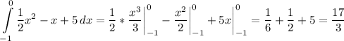 \displaystyle \int\limits^0_{-1} {\frac{1}{2}x^2-x+5}} \, dx =\frac{1}{2} *\frac{x^3}{3} \bigg \vert_{-1}^0-\frac{x^2}{2} \bigg \vert_{-1}^0+5x\bigg \vert_{-1}^0=\frac{1}{6} +\frac{1}{2} +5=\frac{17}{3}