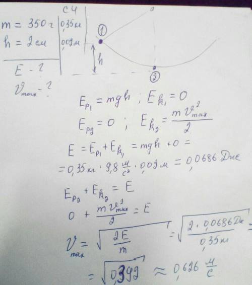 Груз массой 350 г совершает колебания на нити, поднимаясь на высоту 2 см. Определите полную механиче