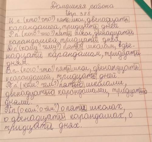 Выполнить упр.388. Просклонять словосочетания. И.п. пять школ двенадцать карандашей тридцать дней. Р