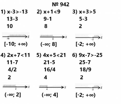 942. Решите неравенство и изобразите множество его решений на ко-ординатной прямой:1) х - 3 - 13; 3)