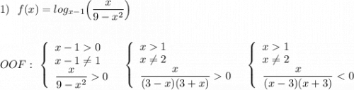 1)\ \ f(x)=log_{x-1}\Big(\dfrac{x}{9-x^2}\Big)\\\\\\OOF:\ \left\{\begin{array}{l}x-10\\x-1\ne 1\\\dfrac{x}{9-x^2}0\end{array}\right\ \ \left\{\begin{array}{l}x1\\x\ne 2\\\dfrac{x}{(3-x)(3+x)}0\end{array}\right\ \ \left\{\begin{array}{l}x1\\x\ne 2\\\dfrac{x}{(x-3)(x+3)}