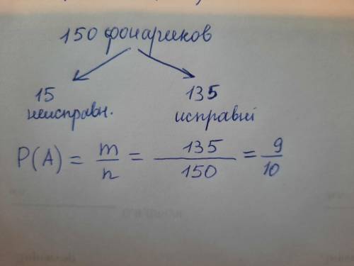 среднем из 150 карманных фонариков, поступивших в продажу, пятнадцать неисправных. Найдите вероятнос