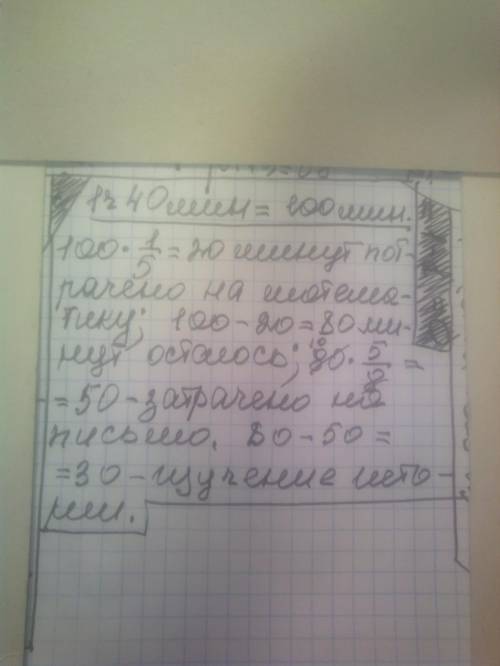 Крист учился на 1 час и 40 минут. Математику он учился в 1/5 от этого времени, а 5/8 из оставшегося