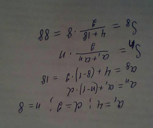 Дана арифметическая прогрессия (an). Известно, что a1 = −4 и d = 2. Вычисли сумму первых 8 членов ар