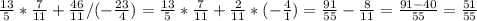 \frac{13}{5} * \frac{7}{11} + \frac{46}{11} / (-\frac{23}{4} )= \frac{13}{5} * \frac{7}{11} + \frac{2}{11} * (-\frac{4}{1}) = \frac{91}{55} - \frac{8}{11} = \frac{91-40}{55} = \frac{51}{55}