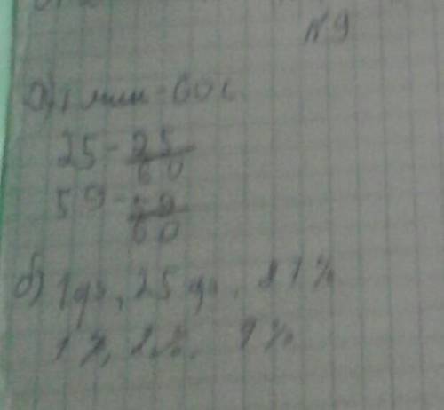 А)записать в дробях-Какую часть часа составляют 1мин,25мин,59мин б)В прцентах-запиши, каку. часть ме