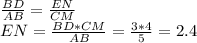 \frac{BD}{AB} =\frac{EN}{CM}\\EN=\frac{BD*CM}{AB} =\frac{3*4}{5}=2.4