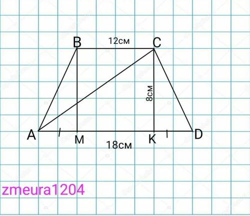 основи рівнобічноі трапеції дорівнюють 18 см і 12 см , а висота 8 см. Знайдіть діагональ трапеції та