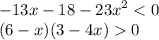 - 13x - 18 - {23x}^{2} < 0 \\ (6 - x)(3 - 4x) 0