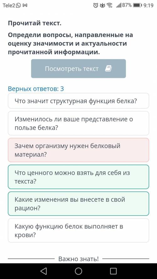 Прочитай текст. Определи вопросы, направленные на оценку значимости и актуальности прочитанной инфор