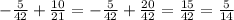 -\frac{5}{42} + \frac{10}{21} = -\frac{5}{42} + \frac{20}{42} = \frac{15}{42} = \frac{5}{14}