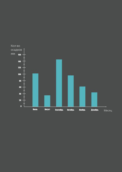 Постройте столбчатую диаграмму выпадения осадков за вторые 6 месяцев года ( кол -во осадков в мм)​