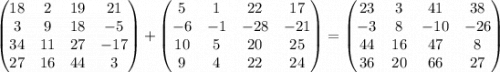 \begin{pmatrix} 18& 2& 19&21 \\ 3&9 &18 & -5\\ 34 & 11 & 27 & -17\\ 27& 16& 44 & 3\end{pmatrix} +\begin{pmatrix}5 & 1 &22 &17 \\ -6 & -1 & -28 & -21\\ 10 & 5 & 20 & 25\\ 9 & 4 & 22 &24 \end{pmatrix}=\begin{pmatrix}23 & 3 & 41 & 38\\ -3 & 8 & -10 & -26\\ 44&16 & 47 &8 \\ 36&20 & 66 &27 \end{pmatrix}