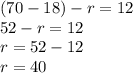 (70-18)-r=12\\52-r=12\\r=52-12\\r=40