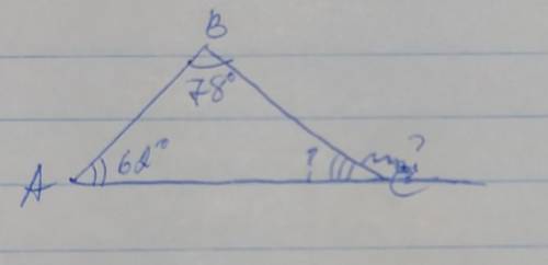 Два внутренних угла треугольника равны 62 и 78 градусов. найди внешний угол, смежный с третьим углом