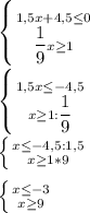 \left \{ {{1,5x+4,5\leq 0} \atop {\dfrac{1}{9}x\geq 1 }} \right. \\\\\left \{ {{1,5x\leq -4,5} \atop {x\geq 1:\dfrac{1}{9} }} \right. \\\\\left \{ {{x\leq -4,5:1,5} \atop {x\geq 1*9}} \right. \\\\\left \{ {{x\leq-3 } \atop {x\geq 9}} \right.