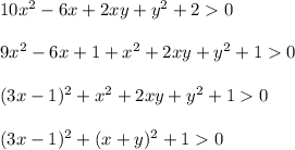 10x^2-6x+2xy+y^2+20\\\\9x^2-6x+1+x^2+2xy+y^2+10\\\\(3x-1)^2+x^2+2xy+y^2+10\\\\(3x-1)^2+(x+y)^2+10