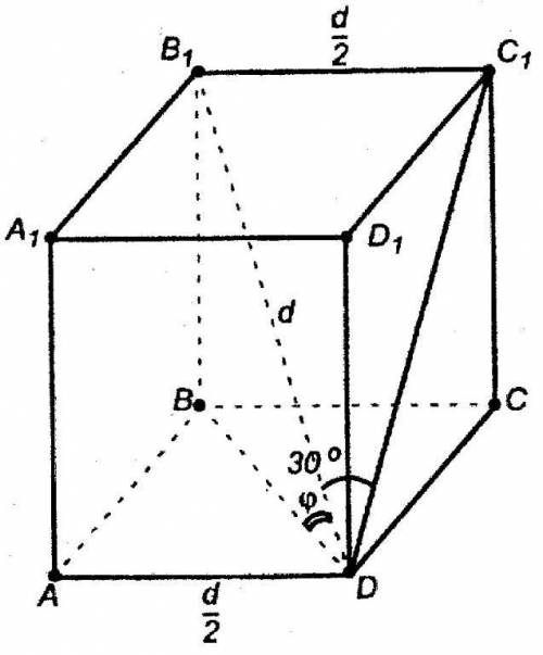 Дано:Правильная четырехугольная призма.Диагональ призмы образует с плоскостью боковой грани угол 30°