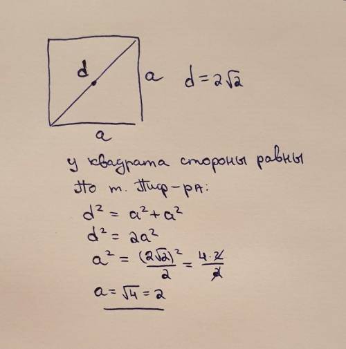 Знайдіть сторону квадрата якщо його діагональ дорівнює 2√2, з розвязанням плз​