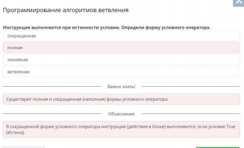 Программирование алгоритмов ветвления Инструкция выполняется при истинности условии. Определи форму