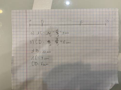 Постройте отрезок AB = 12 см. Отметьте на этом отрезке точки C и D так, чтобы. a) AC ьыл равен 2/3 о