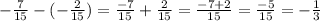 -\frac{7}{15}-(-\frac{2}{15})= \frac{-7}{15}+\frac{2}{15}=\frac{-7+2}{15}=\frac{-5}{15}=-\frac{1}{3}