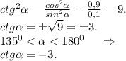 ctg^2\alpha =\frac{cos^2\alpha }{sin^2\alpha }=\frac{0,9}{0,1}=9.\\ctg\alpha =б\sqrt{9}=б3.\\135^0