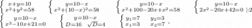 \left \{ {{x+y=10} \atop {x^2+y^2=58}} \right. \ \ \ \ \left \{ {{y=10-x} \atop {x^2+(10-x)^2=58}} \right. \ \ \ \ \ \left \{ {{y=10-x} \atop {x^2+100-20x+x^2=58}} \right.\ \ \ \ \left \{ {{y=10-x} \atop {2x^2-20x+42=0\ |:2}} \right. \\\left \{ {{y=10-x} \atop {x^2-10x+21=0}} \right. \ \ \ \ \left \{ {{y=10-x} \atop {D=16\ \ \sqrt{D}=4 }} \right. \ \ \ \ \left \{ {{y_1=7\ \ \ \ y_2=3} \atop {x_1=3\ \ \ \ x_2=7}} \right. .