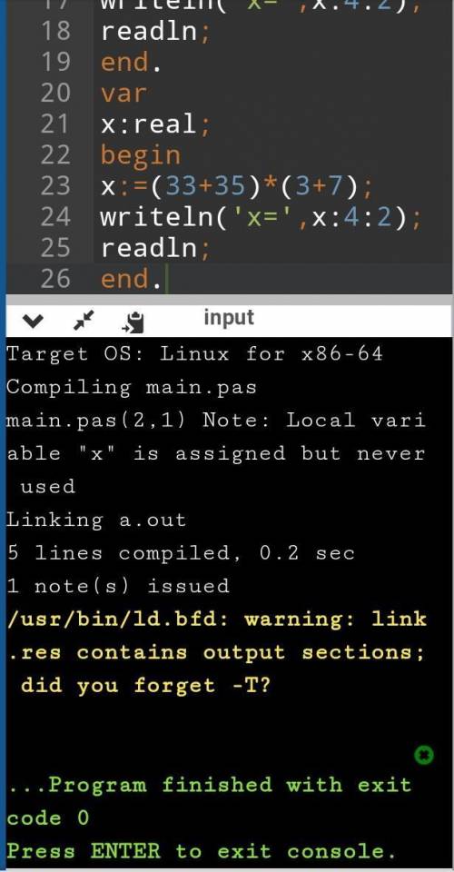 Вычисли x=33+353+7. Запиши программу для вычисления x в Паскале и выведи на экран. var x:real; begin