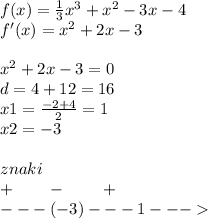 f(x) = \frac{1}{3} {x}^{3} + {x}^{2} - 3x - 4 \\ f'(x) = {x}^{2} + 2x - 3 \\ \\ {x}^{2} + 2x - 3 = 0 \\ d = 4 + 12 = 16 \\ x1 = \frac{ - 2 + 4}{2} = 1 \\ x2 = - 3 \\ \\ znaki \\ + \: \: \: \: \: \: \: \: \: - \: \: \: \: \: \: \: \: \: \: + \\ - - - ( - 3) - - - 1 - - -