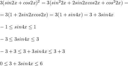 3(sin2x+cos2x)^2=3(sin^22x+2sin2xcos2x+cos^22x)=\\\\=3(1+2sin2xcos2x)=3(1+sin4x)=3+3sin4x\\\\-1\leq sin4x\leq 1\\\\-3\leq 3sin4x\leq 3\\\\-3+3\leq 3+3sin4x\leq 3+3\\\\0\leq 3+3sin4x\leq 6\\\\