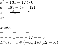 {x}^{2} - 13x + 12 0 \\ d = 169 - 48 = 121 \\ x _1 = \frac{13 + 11}{2} = 12 \\ x_2 = 1 \\ \\ znaki \\ + \: \: \: \: \: \: \: \: \: - \: \: \: \: \: \: \: \: \: + \\ - - - 1 - - -12 - - \\ D(y):\: \: \: x \in( - \infty ; 1)U(12; + \infty )