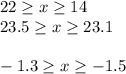 22\geq x\geq 14\\23.5\geq x\geq 23.1\\\\-1.3\geq x\geq -1.5